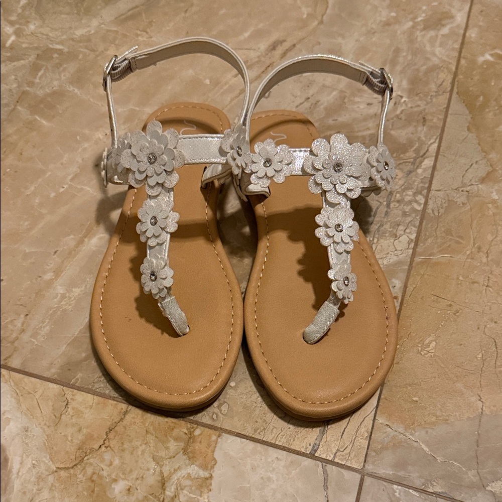 Girls Sugars Floral Embellished Tan and White Sandals